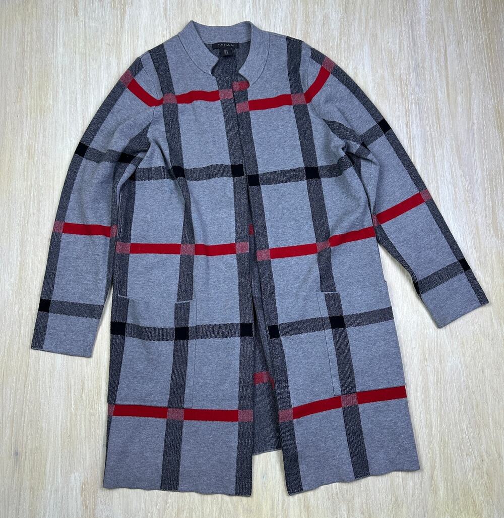 Tahari Plaid Windowpane Long Open Front Duster Pocket Knit Cardigan Sweater 1X